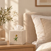 Pure Linen Tissue Box Cover, Hand Embroidered Tulip, Natural