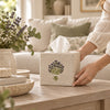 Pure Linen Tissue Box Cover, Hand Embroidered Lavender, White