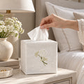 Pure Linen Tissue Box Cover, Hand Embroidered Hydrangea, White