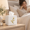 Pure Linen Tissue Box Cover, Hand Embroidered Mimosa, White