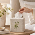 Pure Linen Tissue Box Cover, Hand Embroidered Elderflower, Natural