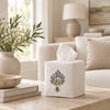 Pure Linen Tissue Box Cover, Hand Embroidered Lavender, White