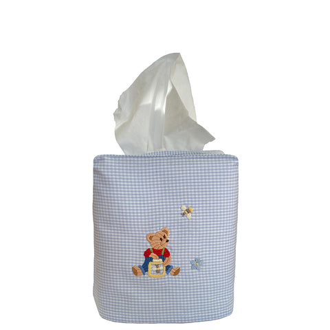 blue ginham tissue box cover with teddy bear