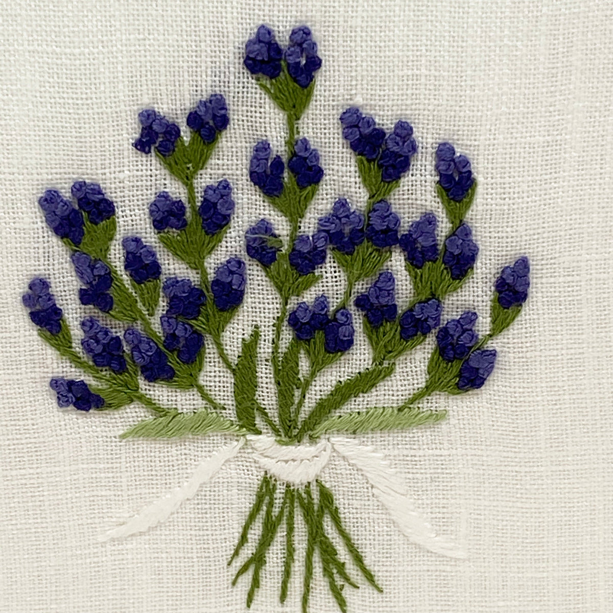 hand embroidered lavender linen cotton tissue box cover detail