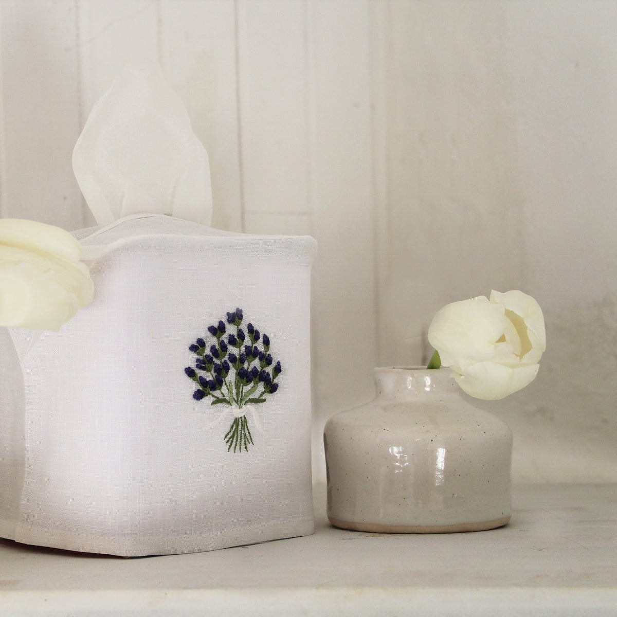 hand embroidered lavender linen cotton tissue box cover