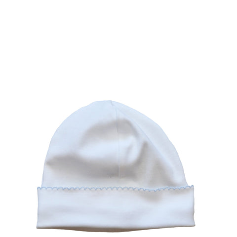 pima cotton beanie with blue picot trim