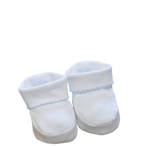 pima cotton booties with blue picot trim