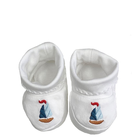 white pima cotton booties with sailboat