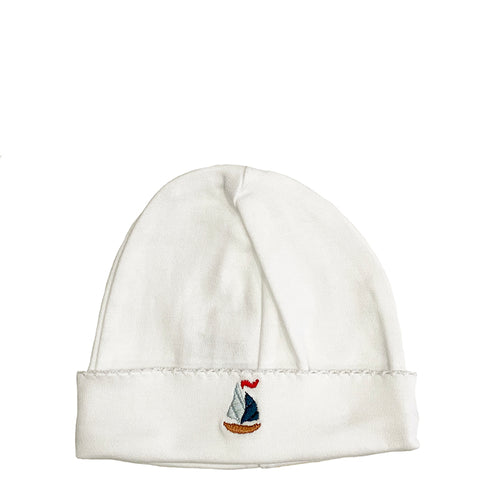 white pima cotton beanie with sailboat